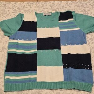 Alfred Dunner blue, black, and teal striped sweater with silver studs, size PL